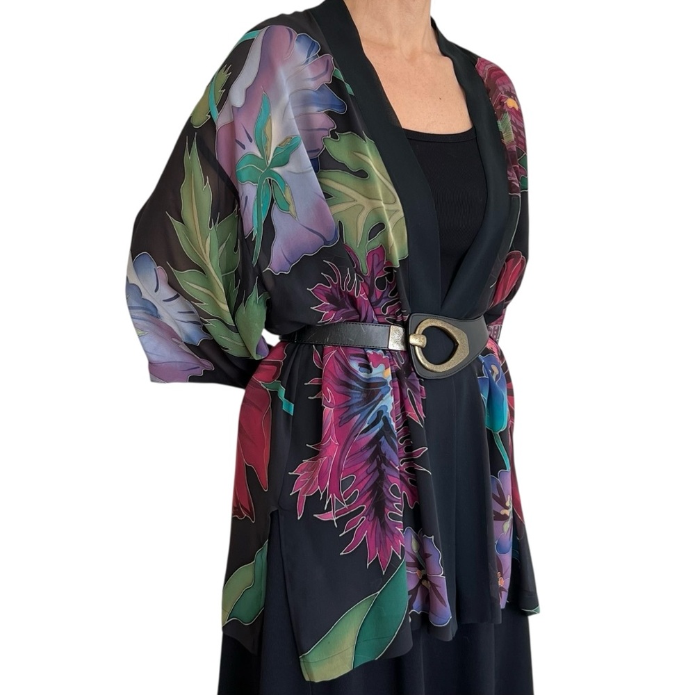 Rare Colorful Tropical Floral Island Print Silk Kimono One Size - Picture 3 of 16